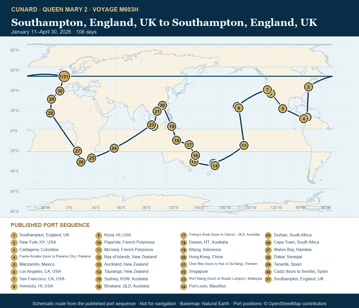 Queen Mary 2 Voyage M603H itinerary route map for Southampton, England, UK to Southampton, England, UK