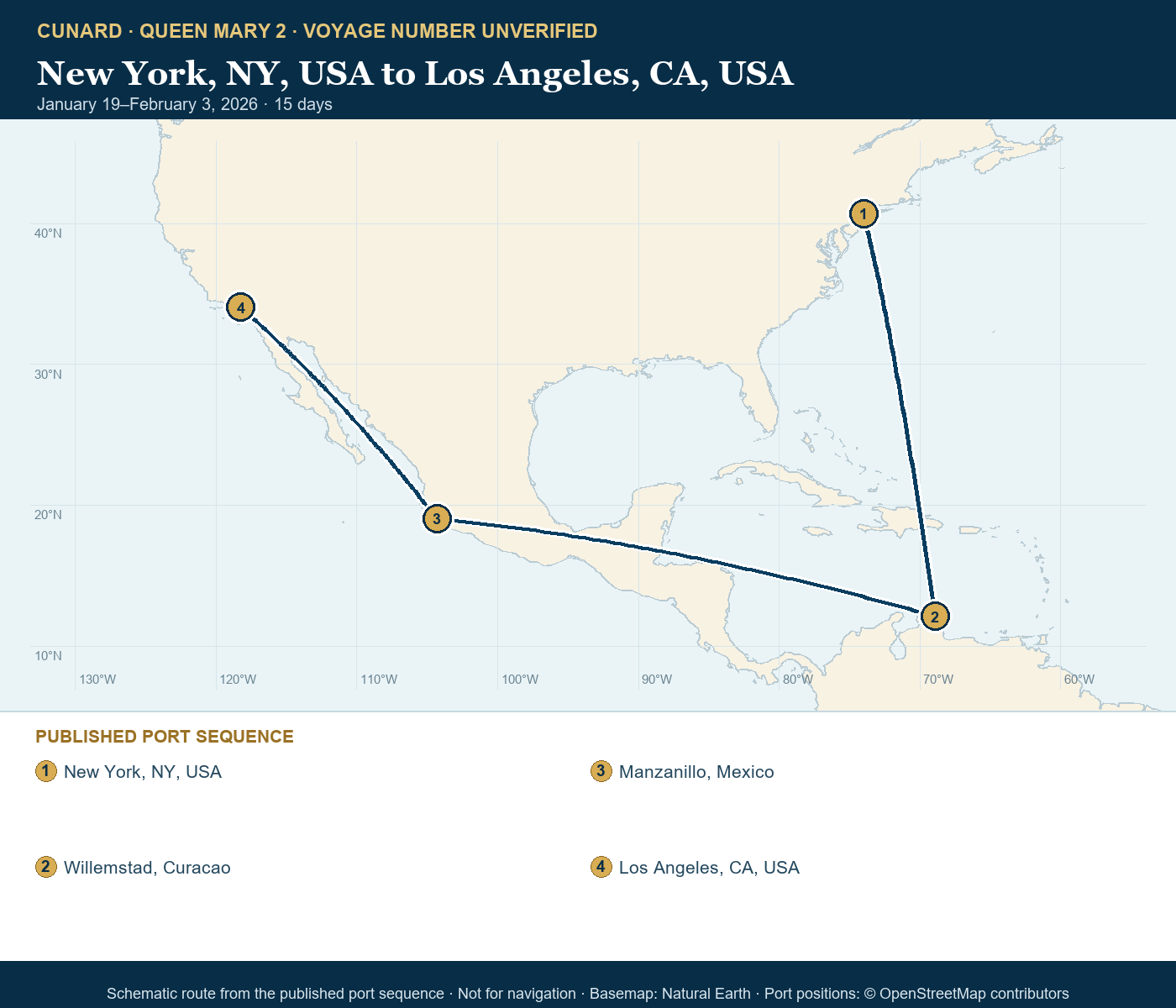 Queen Mary 2 voyage number unverified itinerary route map for New York, NY, USA to Los Angeles, CA, USA