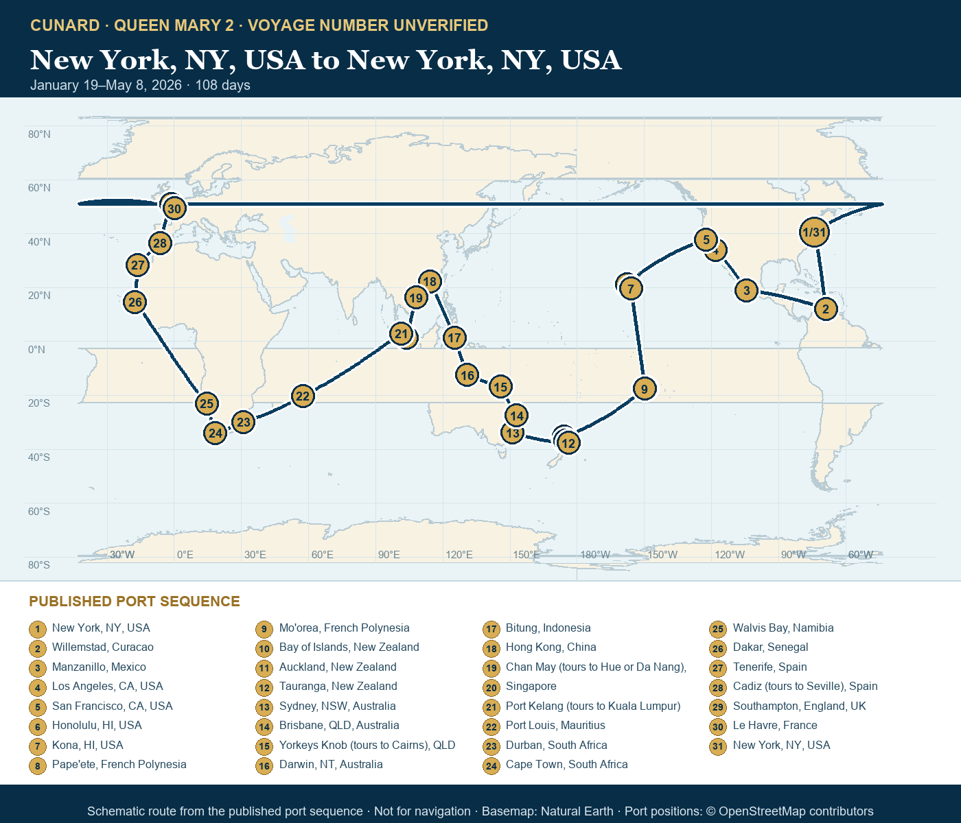 Queen Mary 2 voyage number unverified itinerary route map for New York, NY, USA to New York, NY, USA
