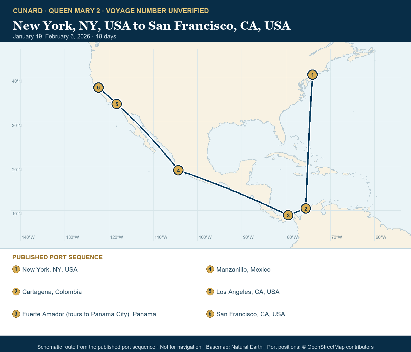 Queen Mary 2 voyage number unverified itinerary route map for New York, NY, USA to San Francisco, CA, USA
