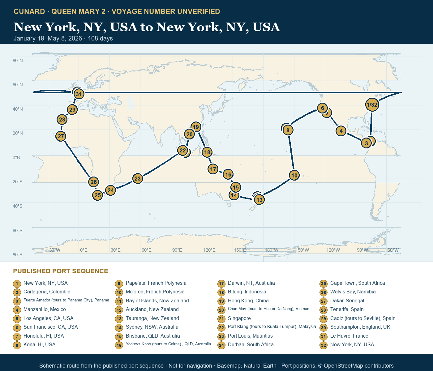 Queen Mary 2 voyage number unverified itinerary route map for New York, NY, USA to New York, NY, USA