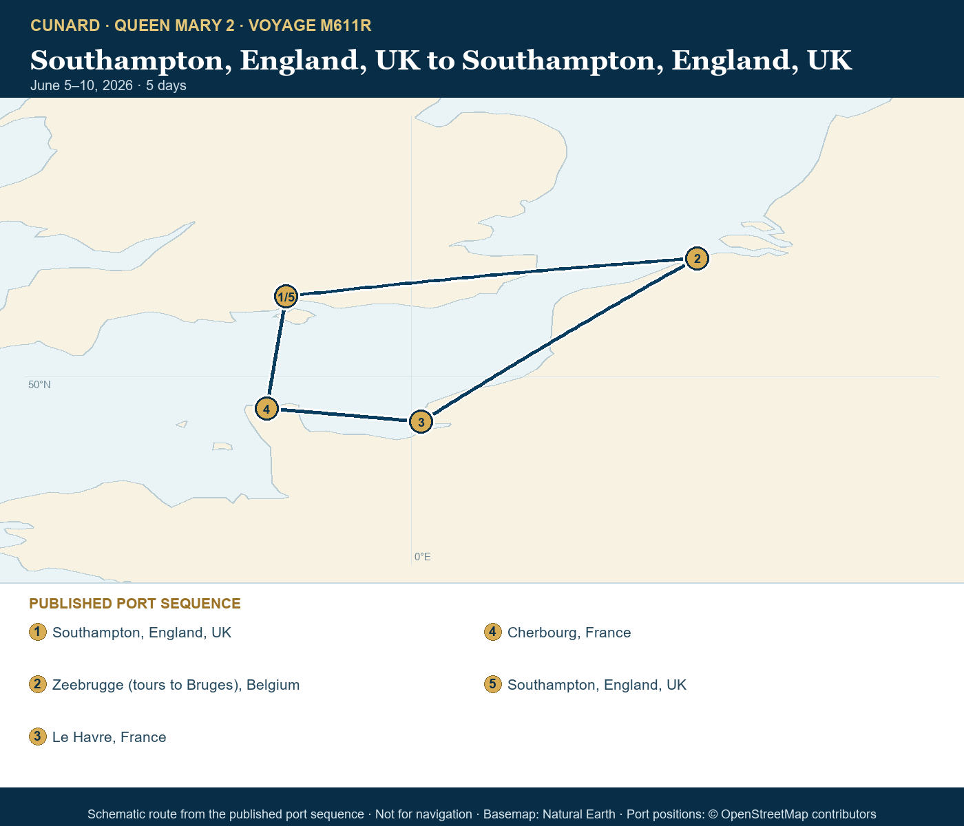 Queen Mary 2 Voyage M611R itinerary route map for Southampton, England, UK to Southampton, England, UK