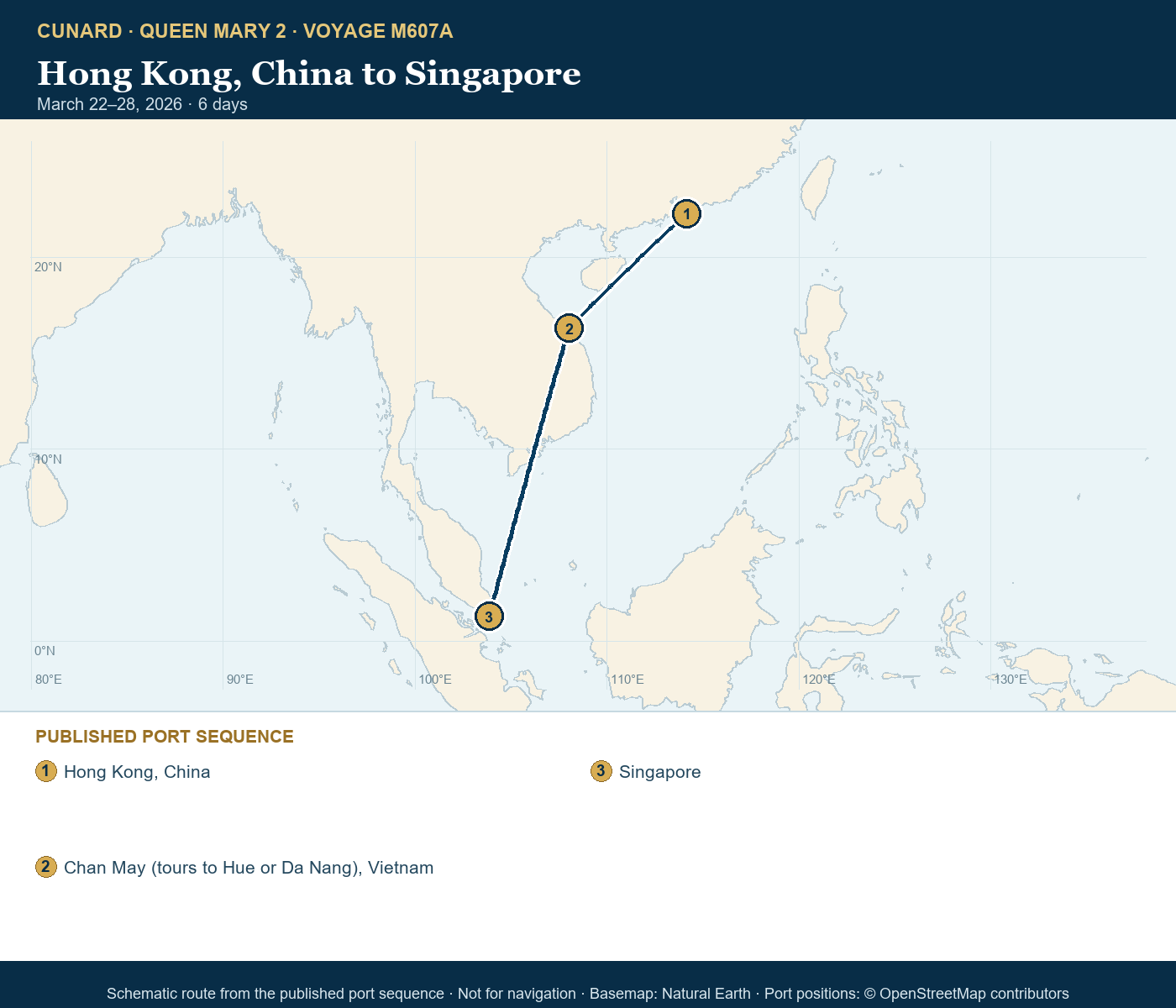 Queen Mary 2 Voyage M607A itinerary route map for Hong Kong, China to Singapore