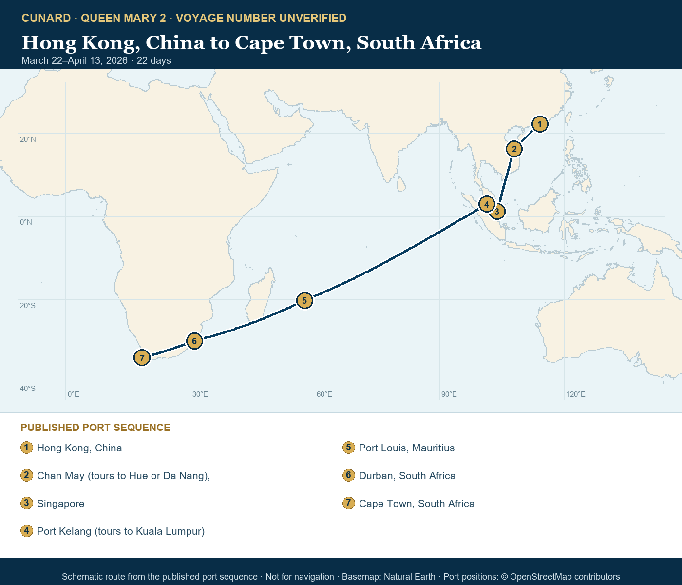 Queen Mary 2 voyage number unverified itinerary route map for Hong Kong, China to Cape Town, South Africa