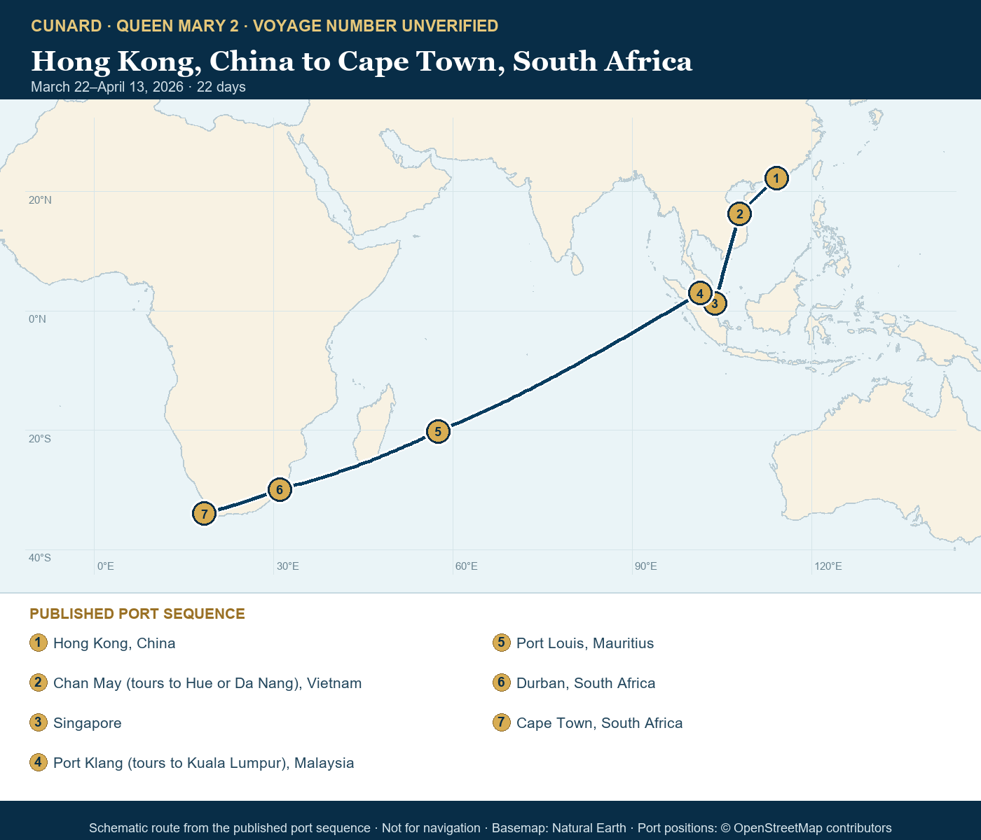 Queen Mary 2 voyage number unverified itinerary route map for Hong Kong, China to Cape Town, South Africa