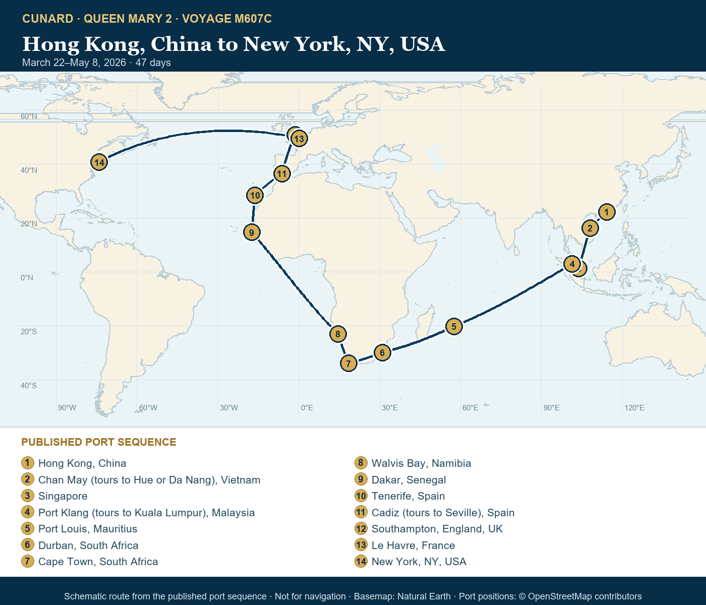 Queen Mary 2 Voyage M607C itinerary route map for Hong Kong, China to New York, NY, USA