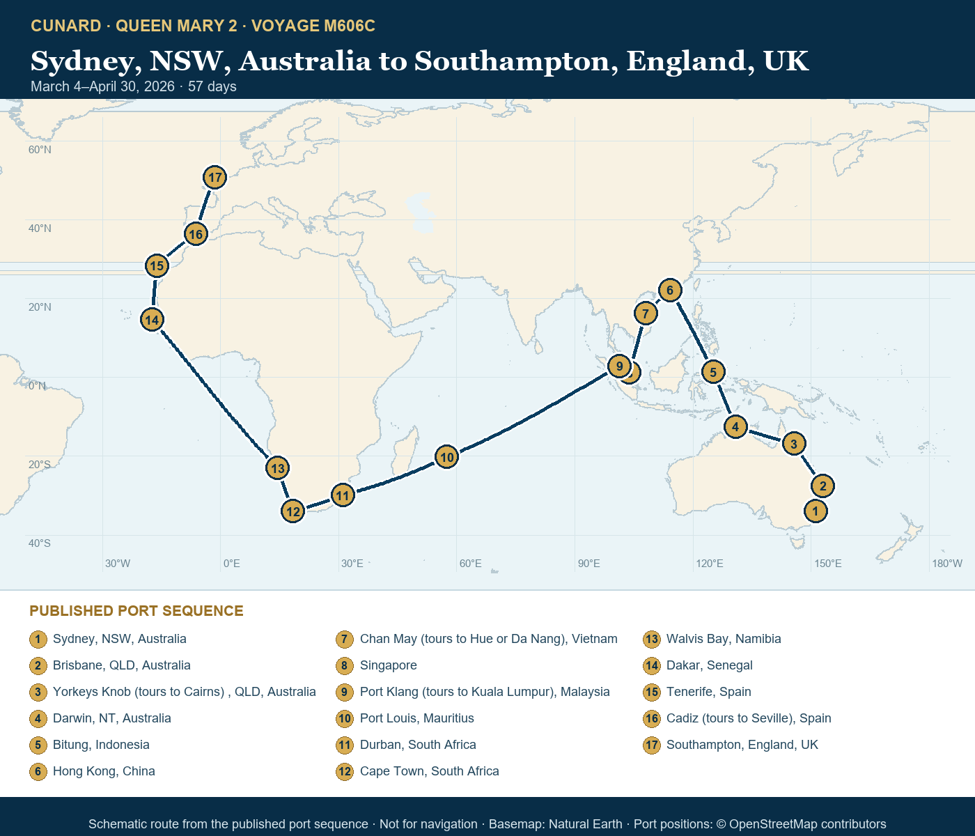 Queen Mary 2 Voyage M606C itinerary route map for Sydney, NSW, Australia to Southampton, England, UK