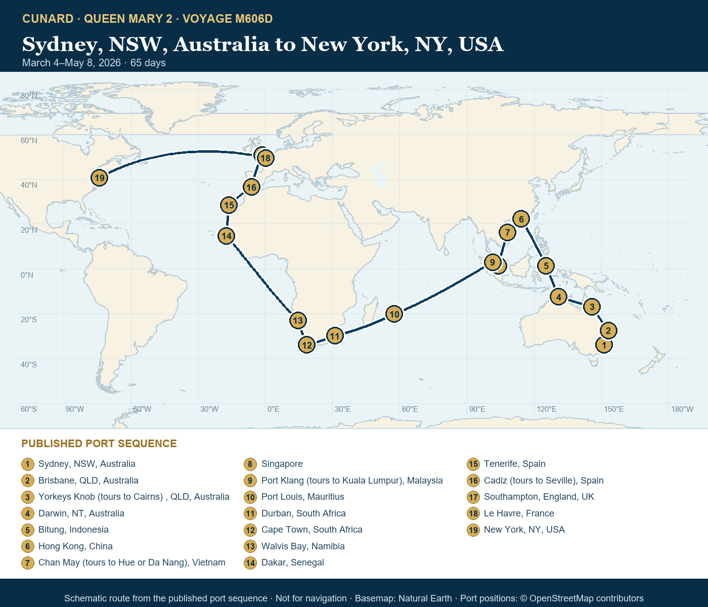 Queen Mary 2 Voyage M606D itinerary route map for Sydney, NSW, Australia to New York, NY, USA