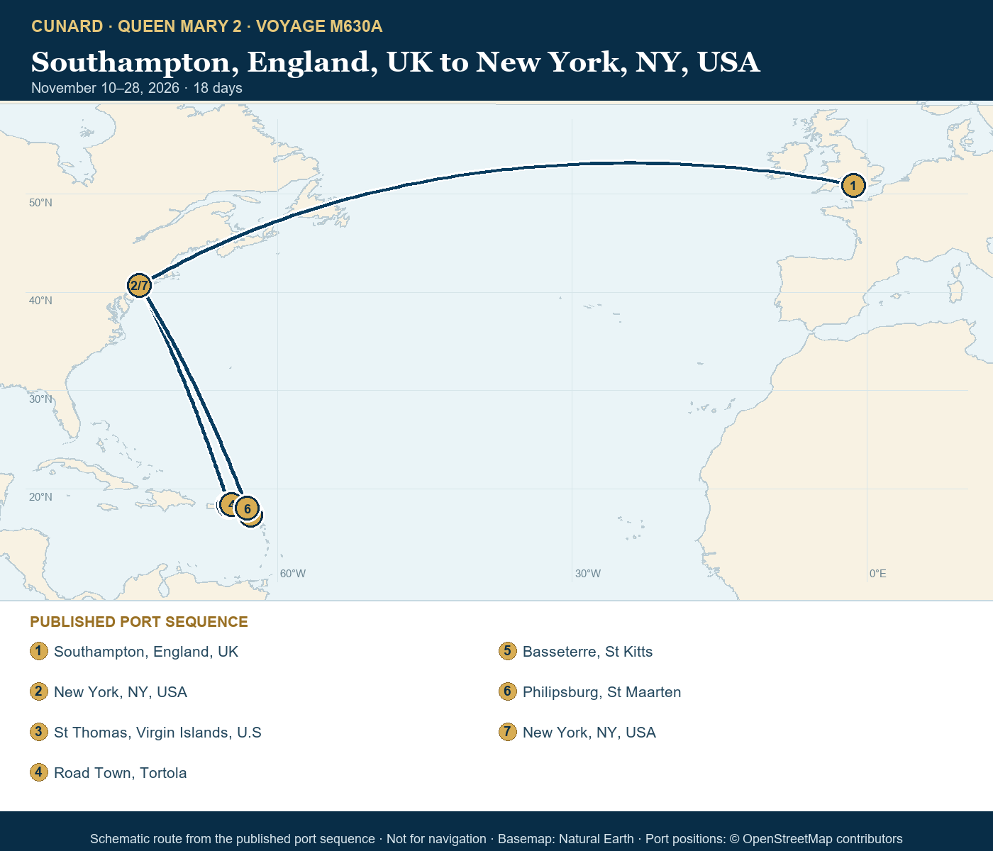 Queen Mary 2 Voyage M630A itinerary route map for Southampton, England, UK to New York, NY, USA