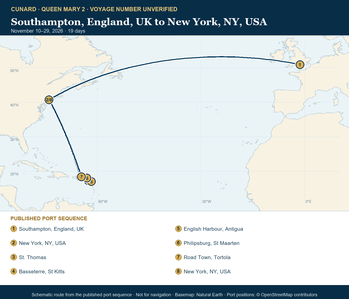 Queen Mary 2 voyage number unverified itinerary route map for Southampton, England, UK to New York, NY, USA