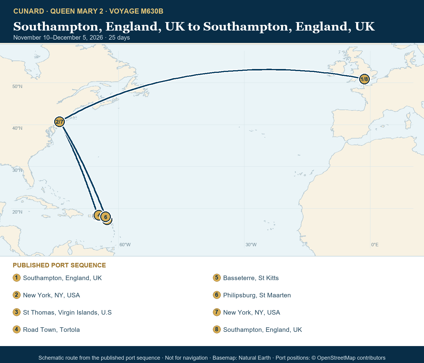Queen Mary 2 Voyage M630B itinerary route map for Southampton, England, UK to Southampton, England, UK
