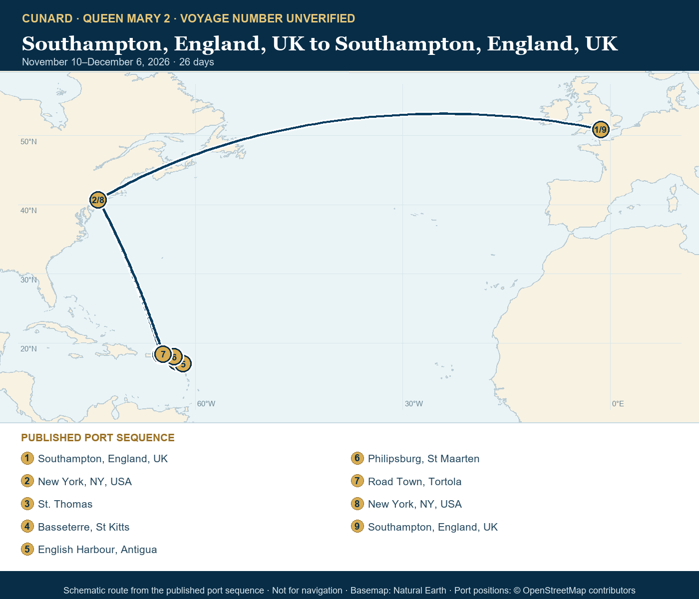 Queen Mary 2 voyage number unverified itinerary route map for Southampton, England, UK to Southampton, England, UK