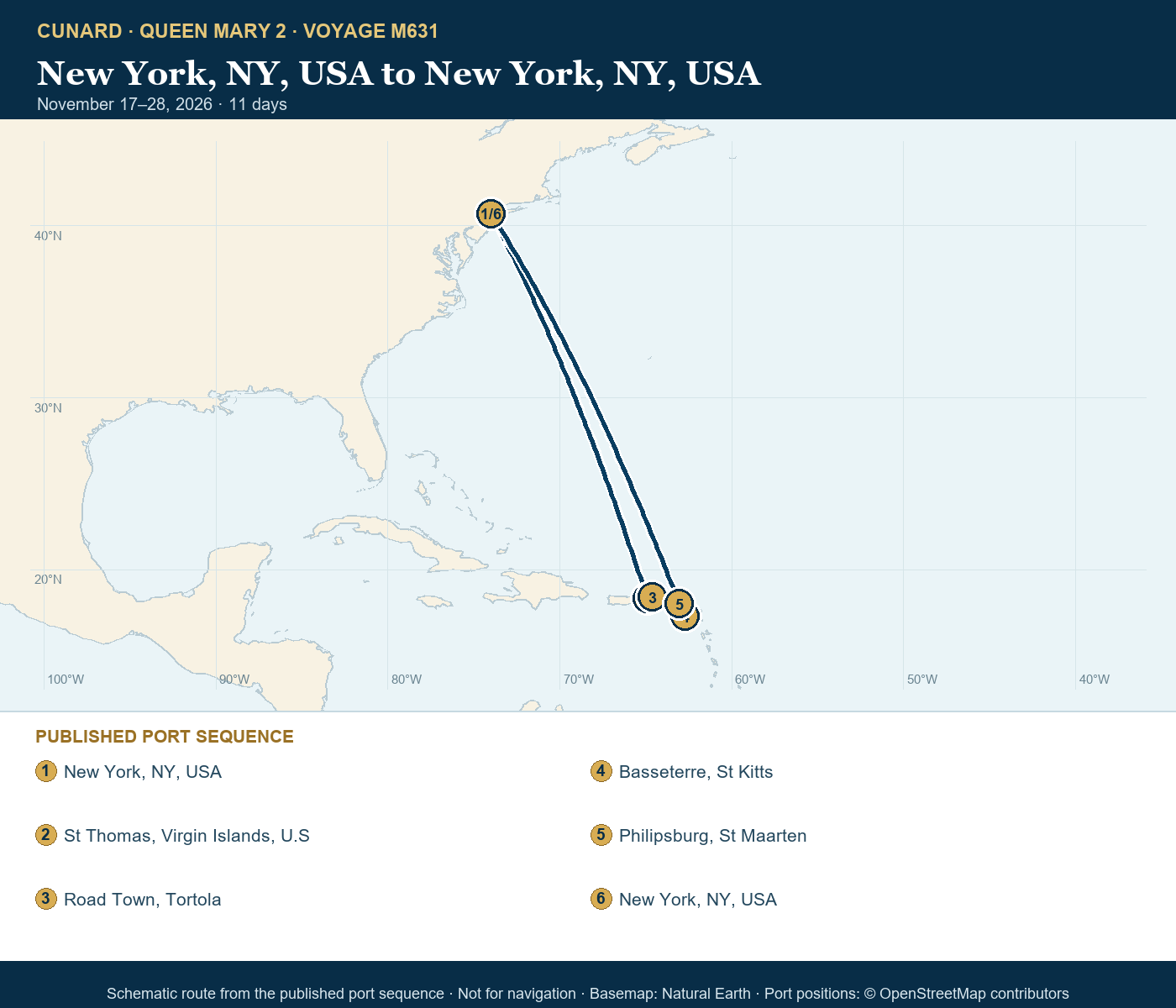 Queen Mary 2 Voyage M631 itinerary route map for New York, NY, USA to New York, NY, USA