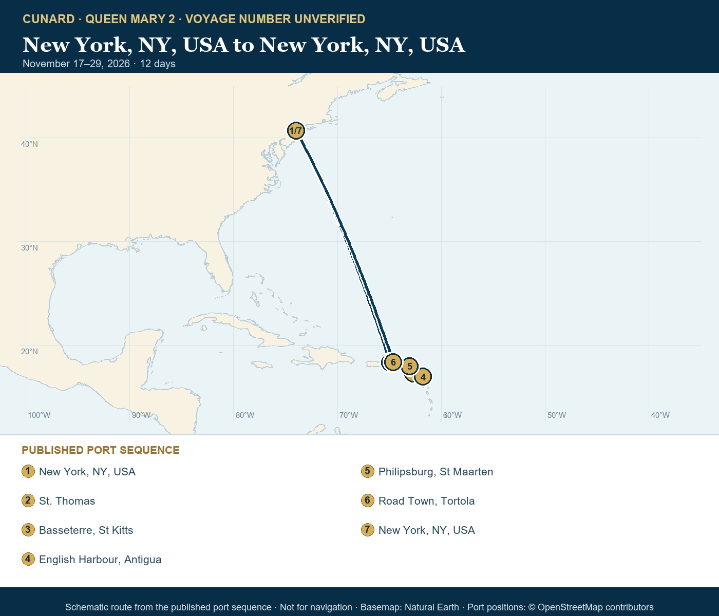 Queen Mary 2 voyage number unverified itinerary route map for New York, NY, USA to New York, NY, USA