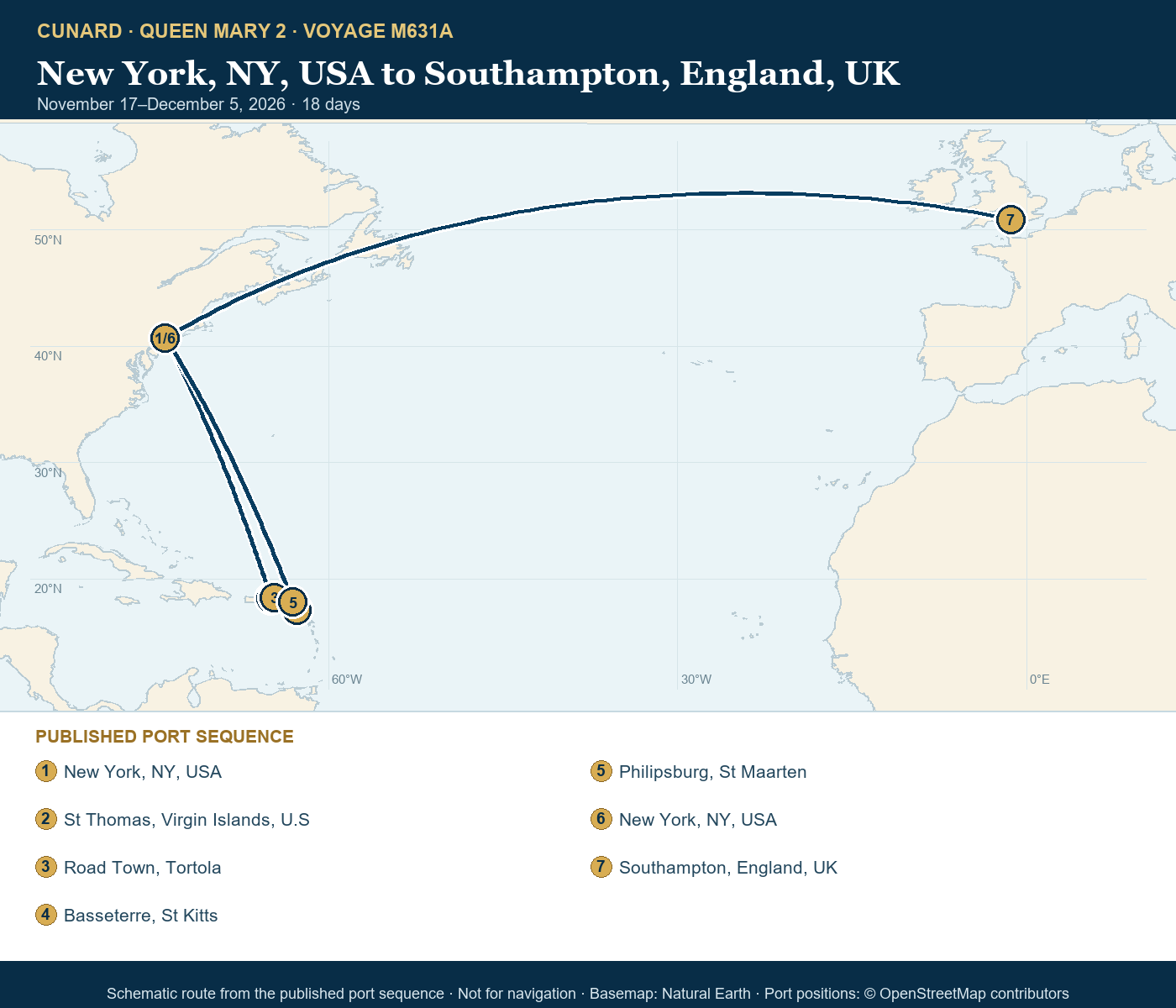 Queen Mary 2 Voyage M631A itinerary route map for New York, NY, USA to Southampton, England, UK