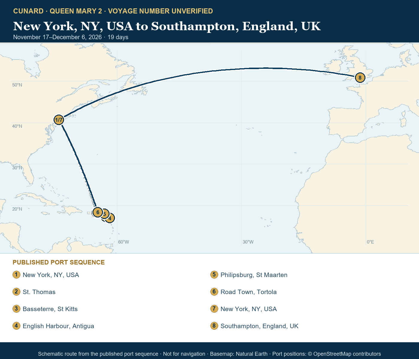 Queen Mary 2 voyage number unverified itinerary route map for New York, NY, USA to Southampton, England, UK
