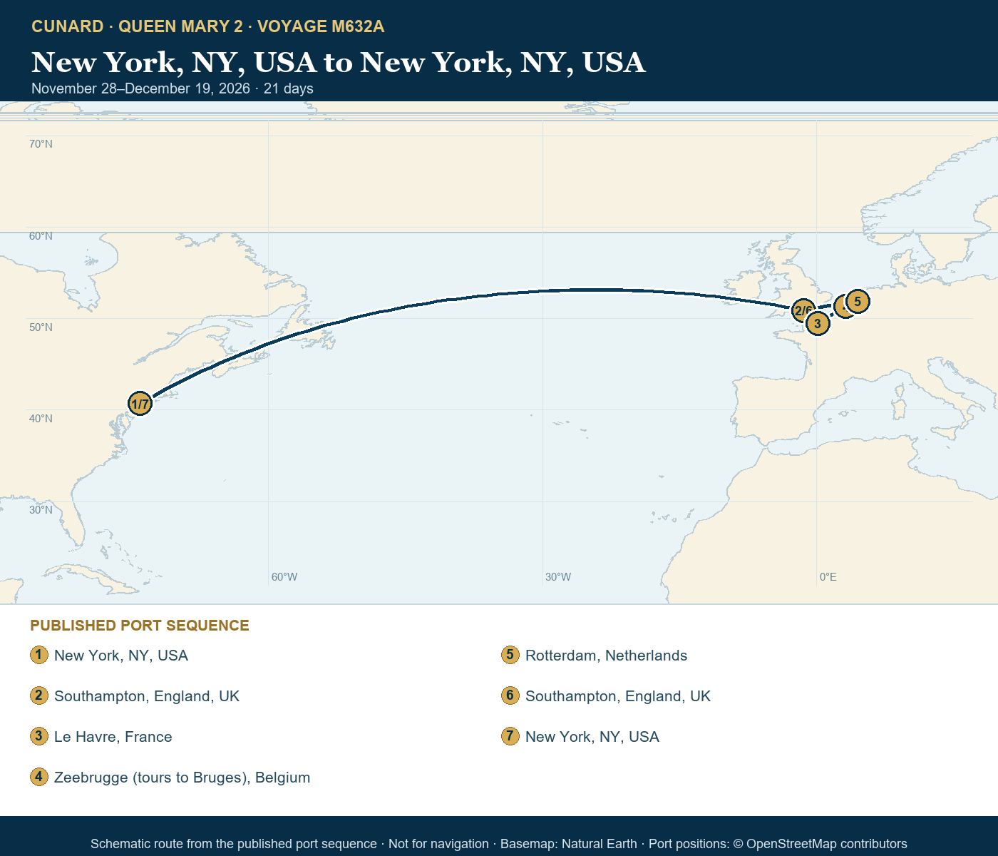 Queen Mary 2 Voyage M632A itinerary route map for New York, NY, USA to New York, NY, USA