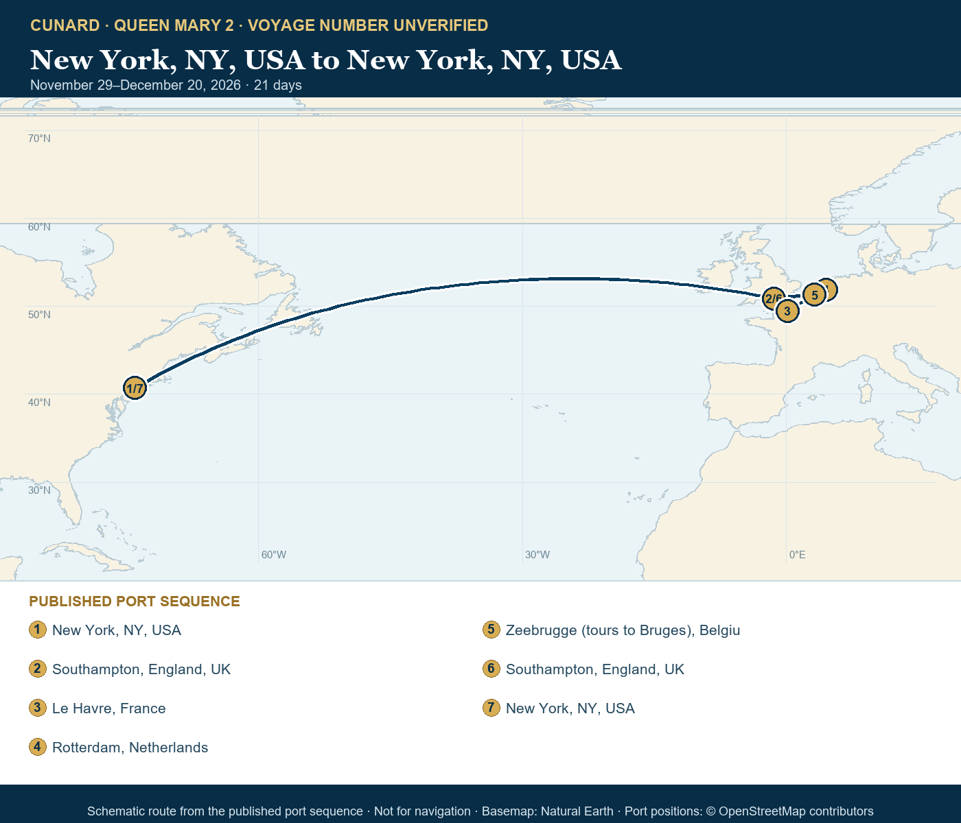 Queen Mary 2 voyage number unverified itinerary route map for New York, NY, USA to New York, NY, USA