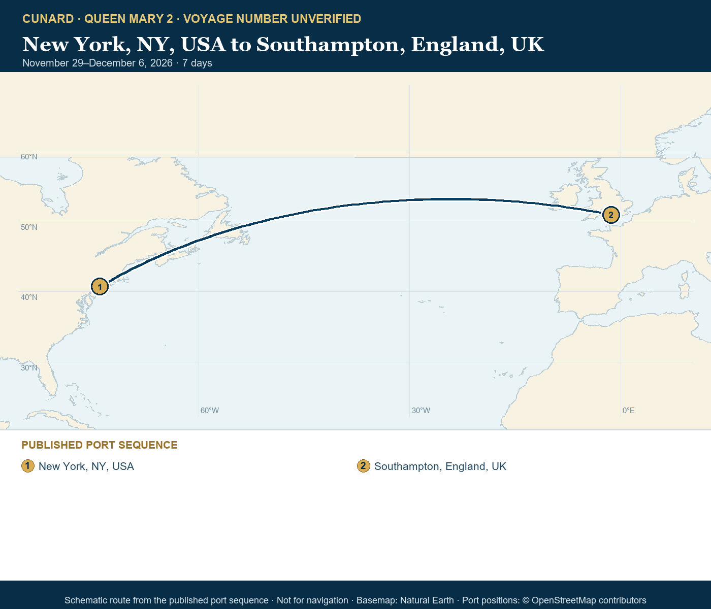 Queen Mary 2 voyage number unverified itinerary route map for New York, NY, USA to Southampton, England, UK