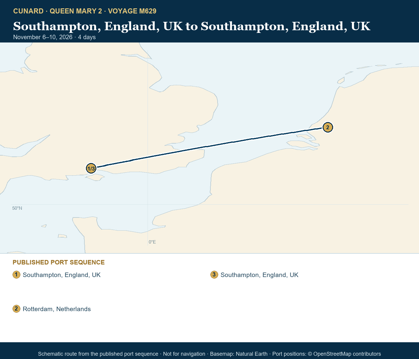 Queen Mary 2 Voyage M629 itinerary route map for Southampton, England, UK to Southampton, England, UK