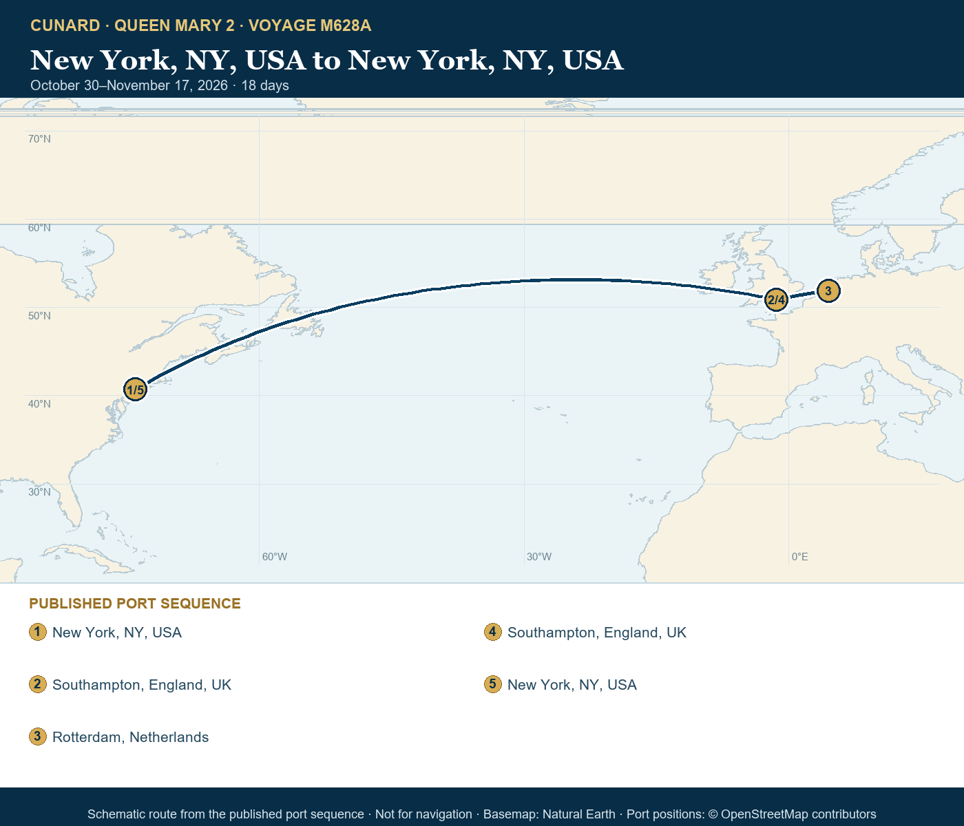 Queen Mary 2 Voyage M628A itinerary route map for New York, NY, USA to New York, NY, USA