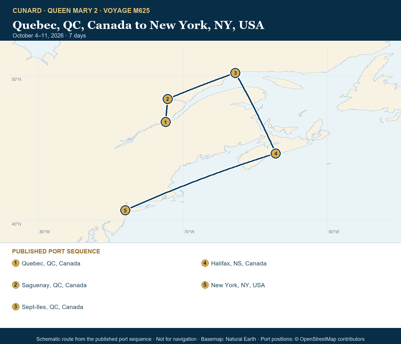 Queen Mary 2 Voyage M625 itinerary route map for Quebec, QC, Canada to New York, NY, USA