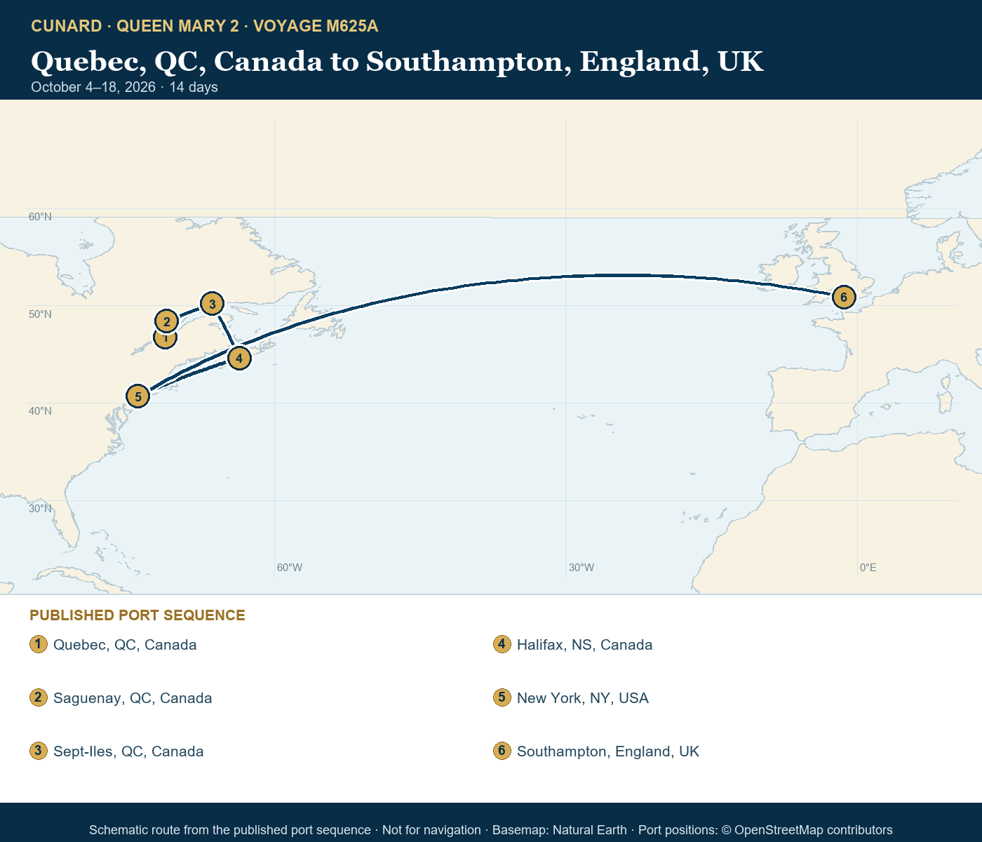 Queen Mary 2 Voyage M625A itinerary route map for Quebec, QC, Canada to Southampton, England, UK