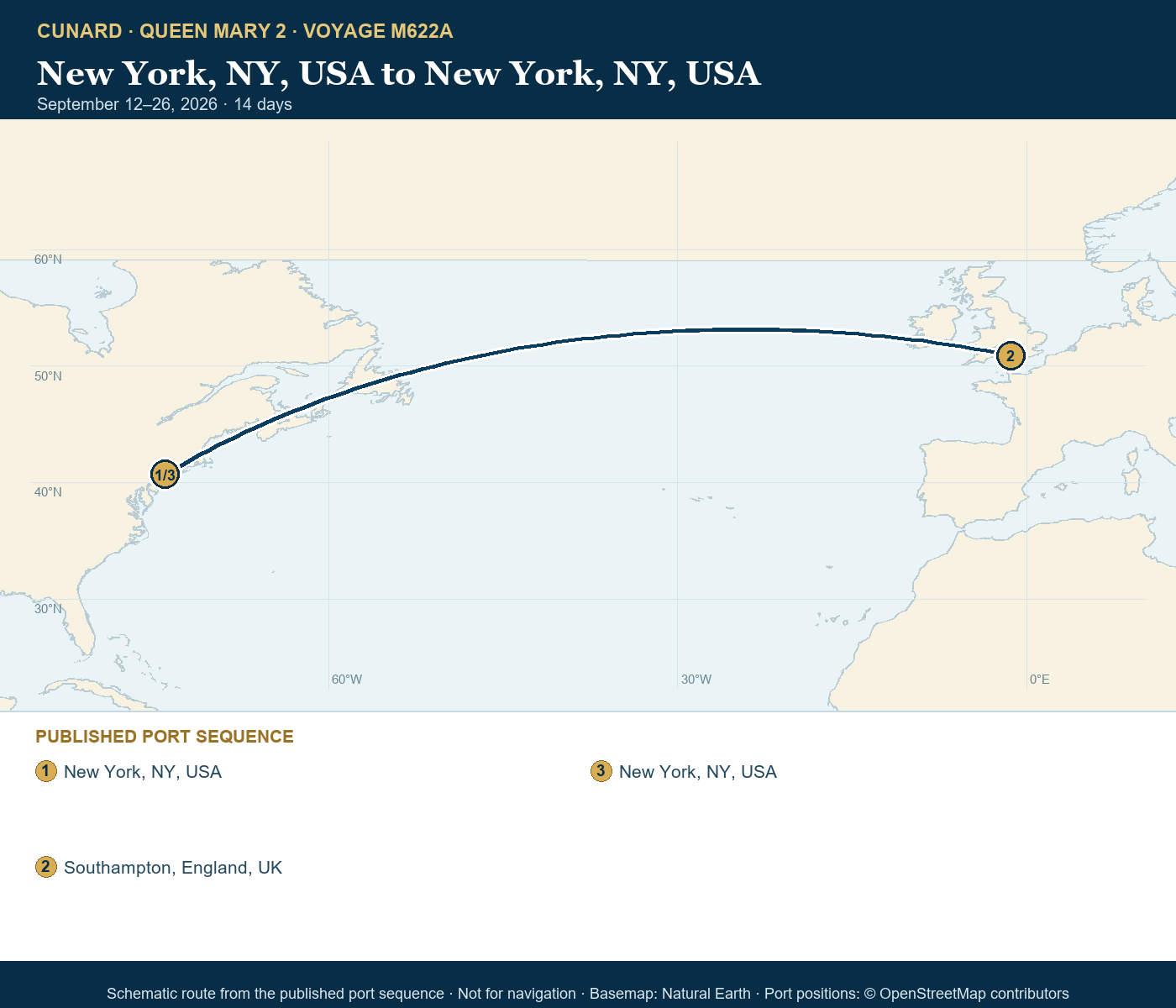 Queen Mary 2 Voyage M622A itinerary route map for New York, NY, USA to New York, NY, USA