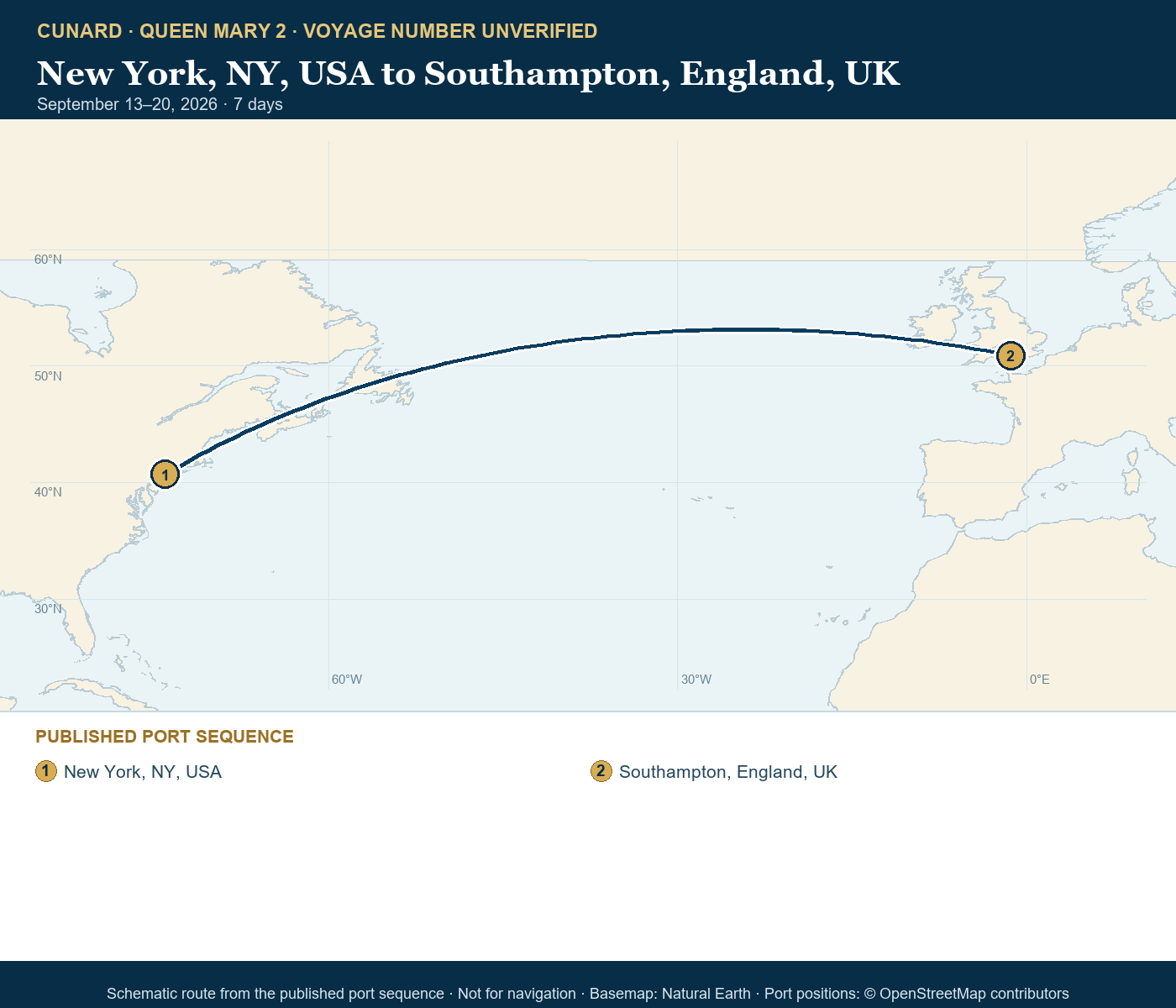 Queen Mary 2 voyage number unverified itinerary route map for New York, NY, USA to Southampton, England, UK