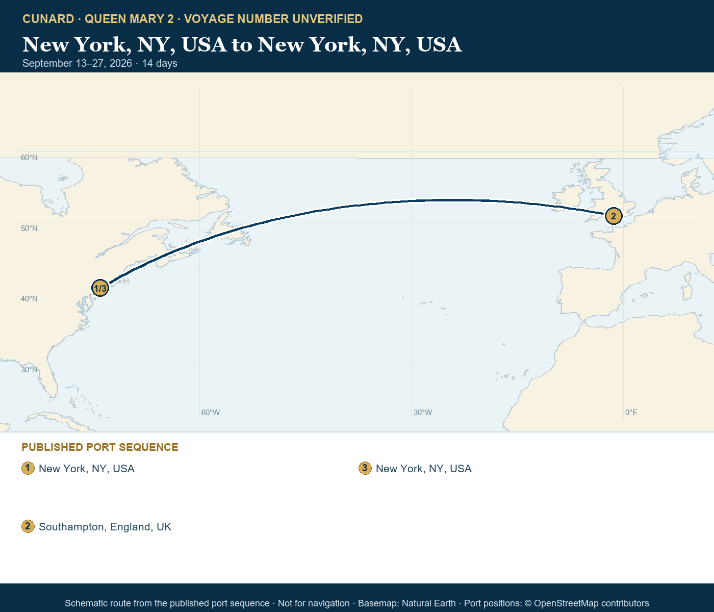 Queen Mary 2 voyage number unverified itinerary route map for New York, NY, USA to New York, NY, USA