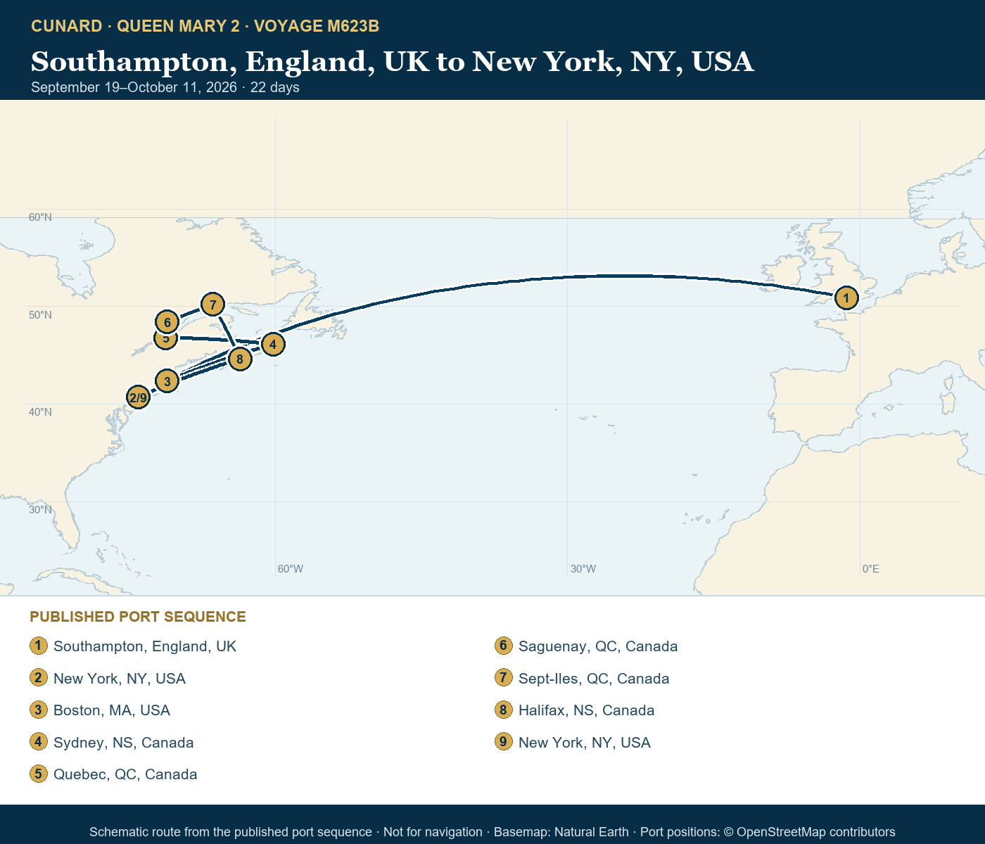 Queen Mary 2 Voyage M623B itinerary route map for Southampton, England, UK to New York, NY, USA