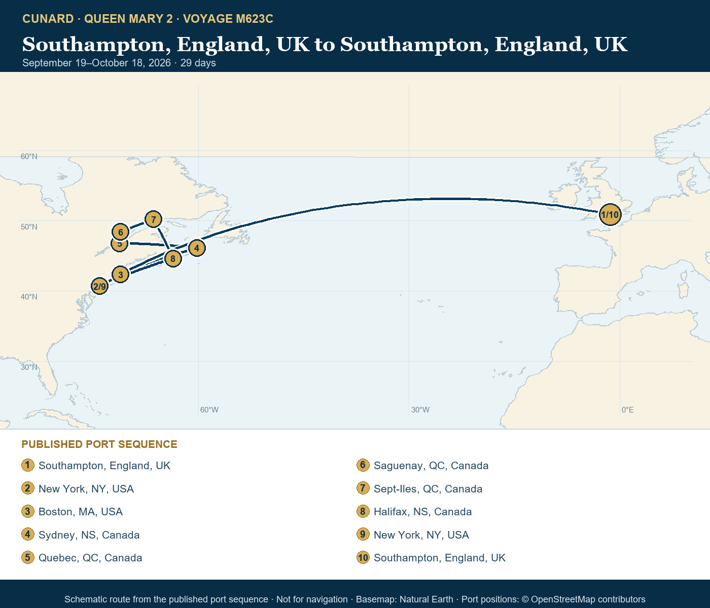 Queen Mary 2 Voyage M623C itinerary route map for Southampton, England, UK to Southampton, England, UK