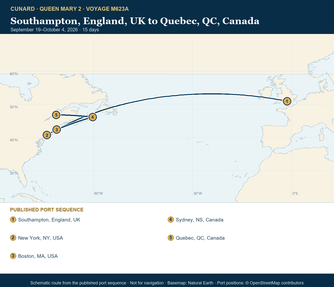 Queen Mary 2 Voyage M623A itinerary route map for Southampton, England, UK to Quebec, QC, Canada