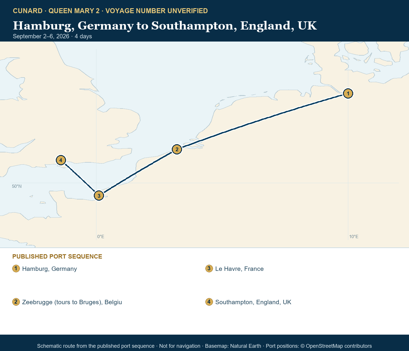 Queen Mary 2 voyage number unverified itinerary route map for Hamburg, Germany to Southampton, England, UK