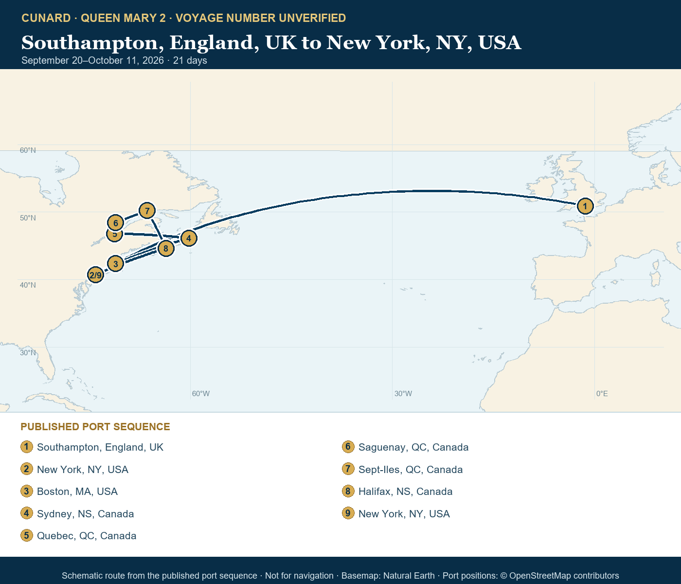 Queen Mary 2 voyage number unverified itinerary route map for Southampton, England, UK to New York, NY, USA