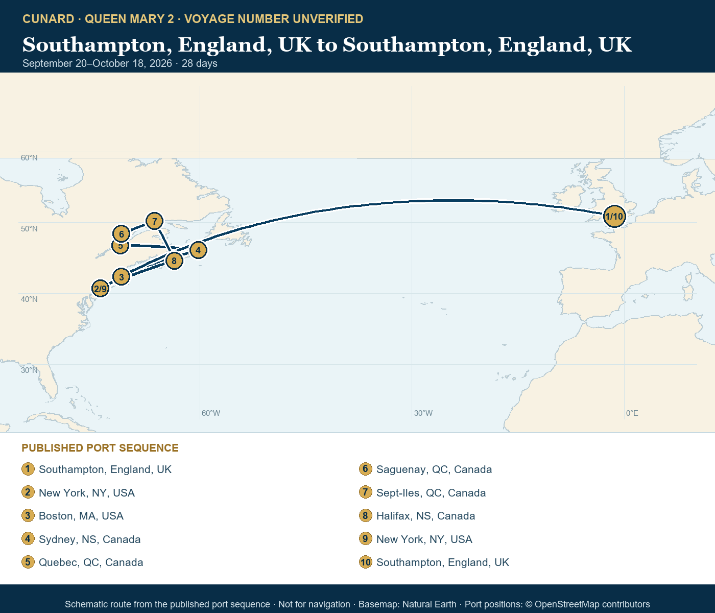 Queen Mary 2 voyage number unverified itinerary route map for Southampton, England, UK to Southampton, England, UK