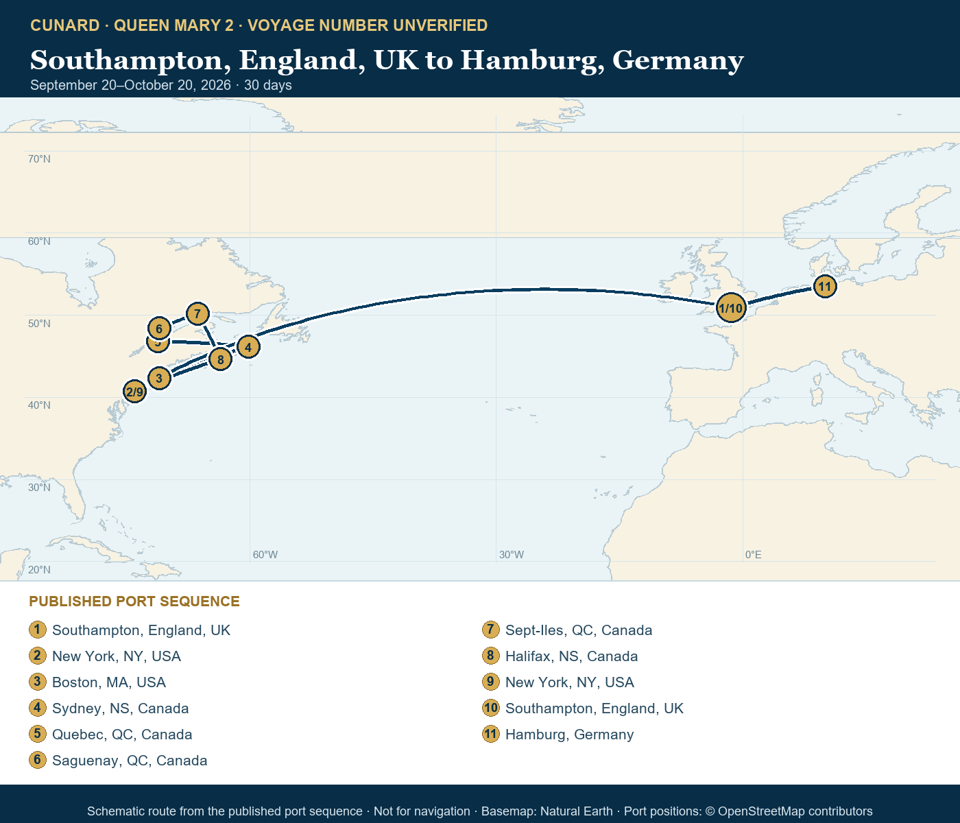Queen Mary 2 voyage number unverified itinerary route map for Southampton, England, UK to Hamburg, Germany