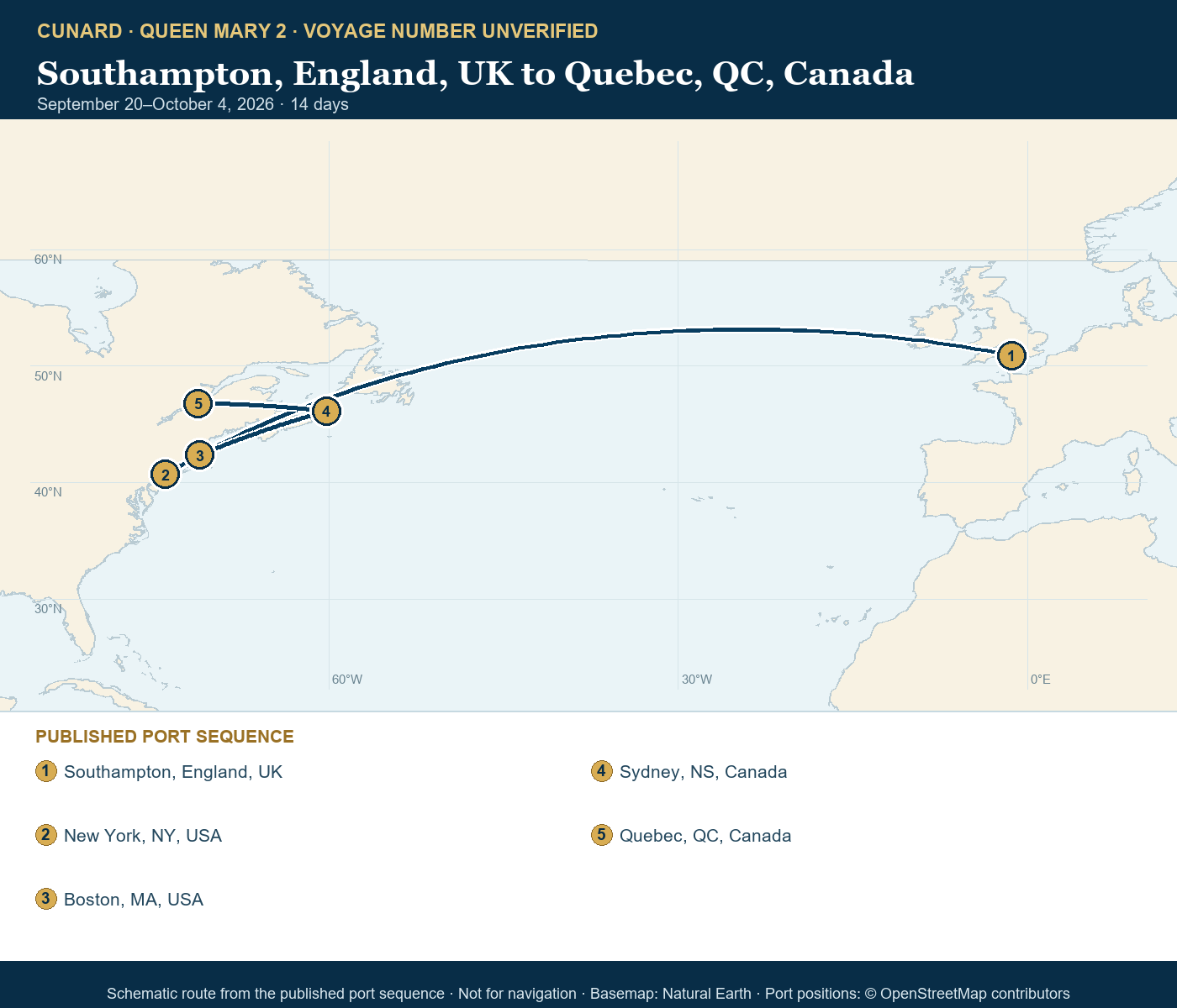 Queen Mary 2 voyage number unverified itinerary route map for Southampton, England, UK to Quebec, QC, Canada