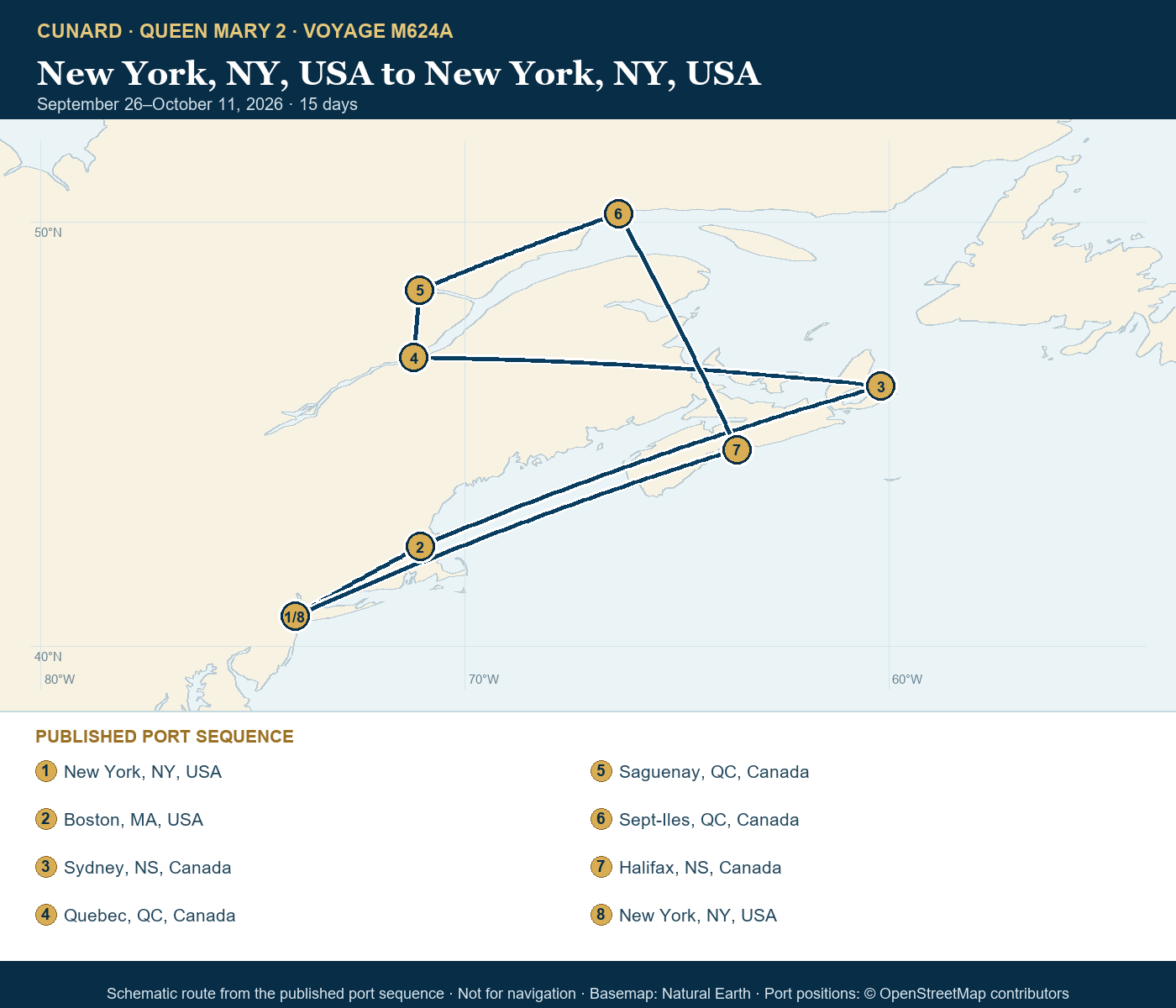 Queen Mary 2 Voyage M624A itinerary route map for New York, NY, USA to New York, NY, USA