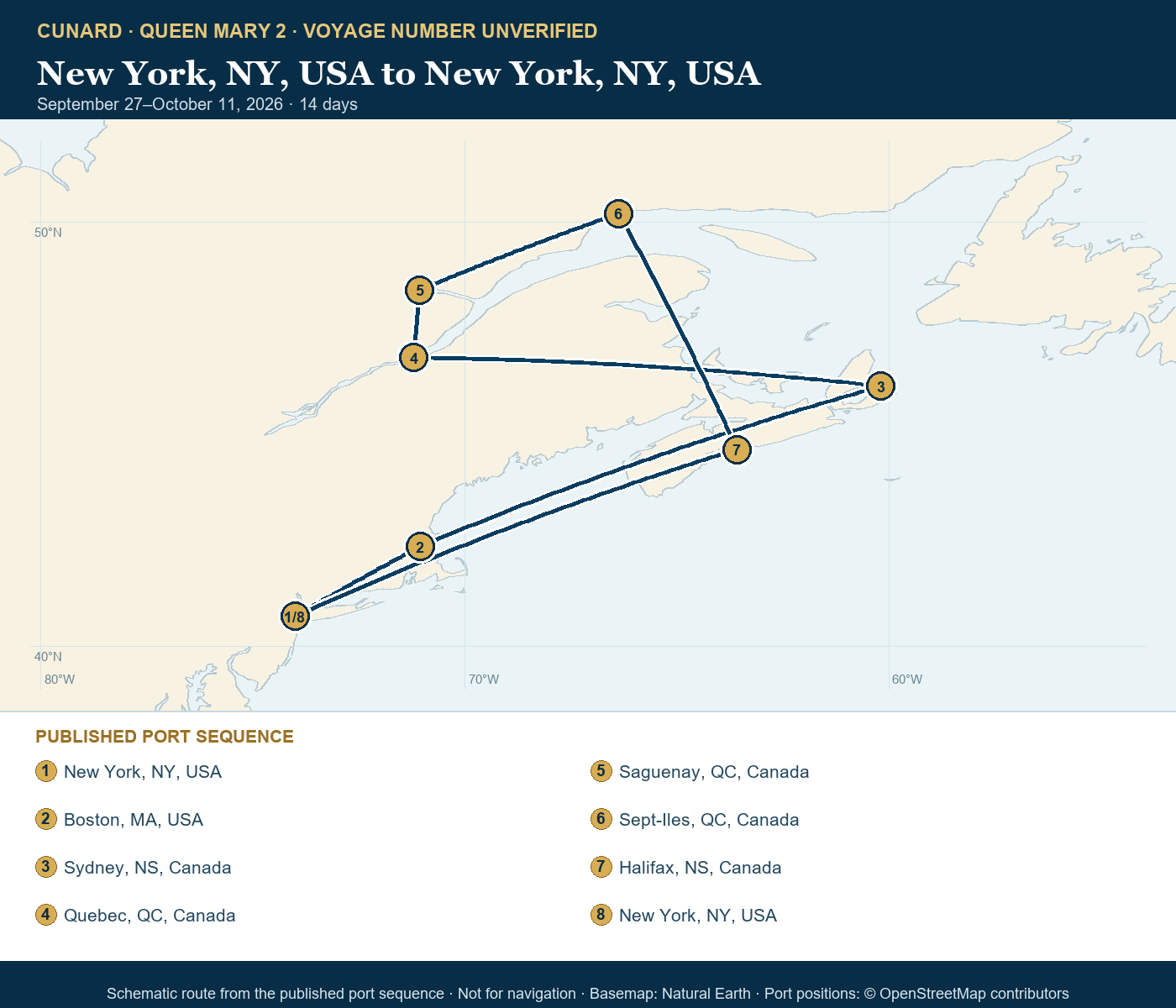 Queen Mary 2 voyage number unverified itinerary route map for New York, NY, USA to New York, NY, USA
