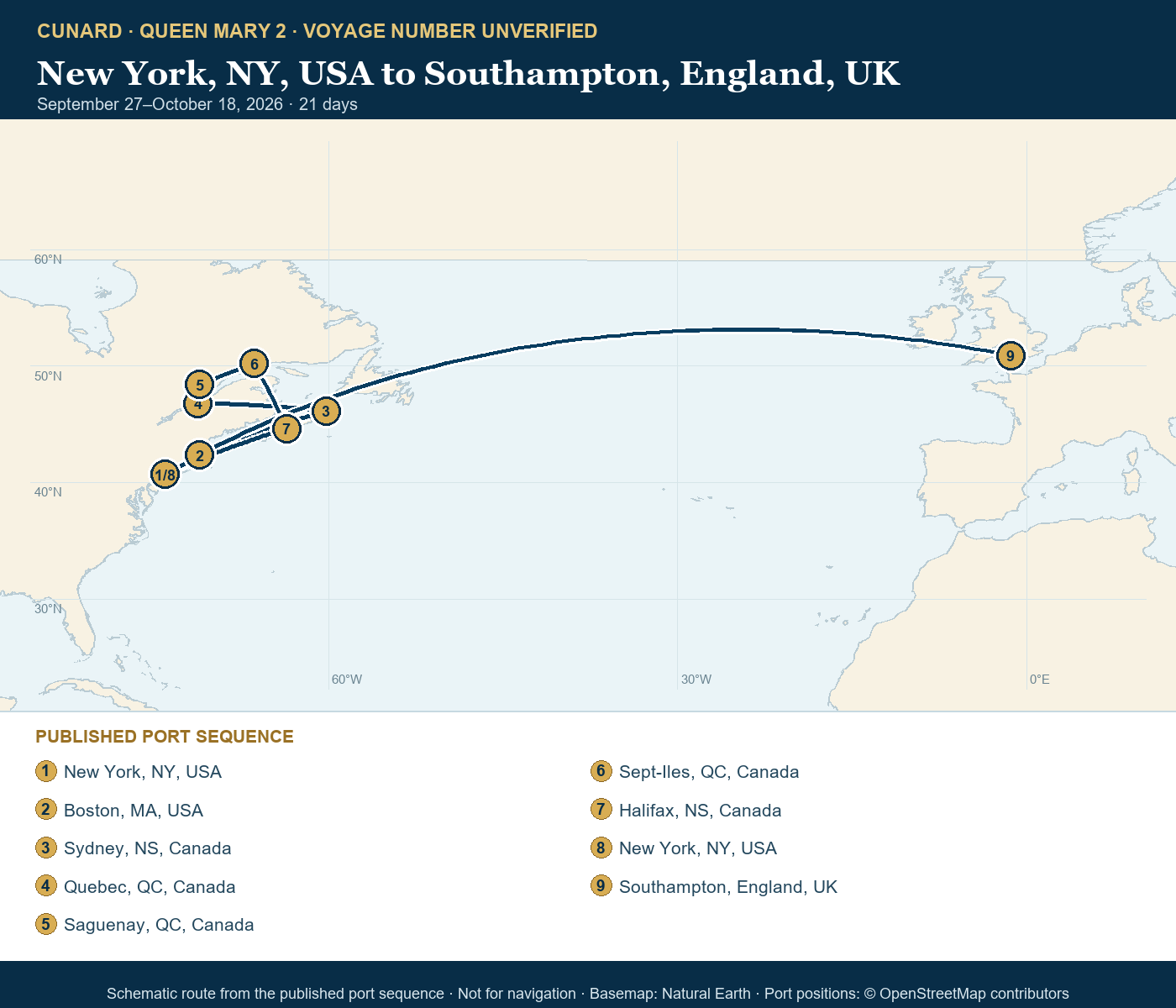 Queen Mary 2 voyage number unverified itinerary route map for New York, NY, USA to Southampton, England, UK