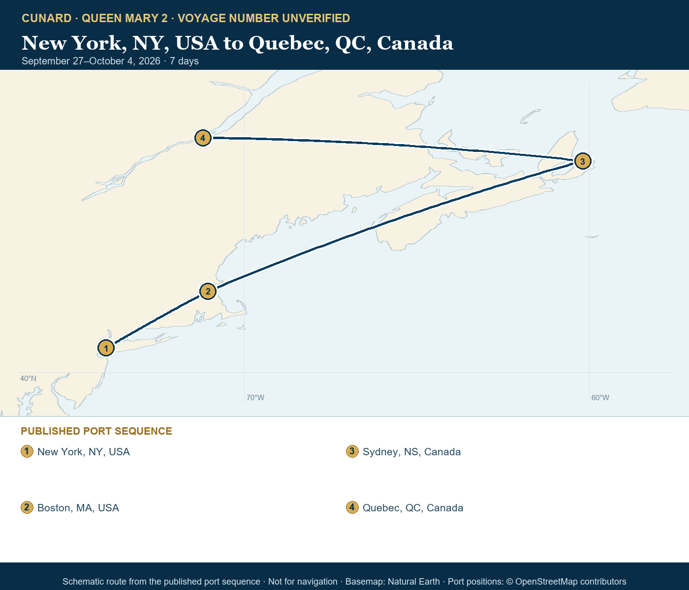 Queen Mary 2 voyage number unverified itinerary route map for New York, NY, USA to Quebec, QC, Canada