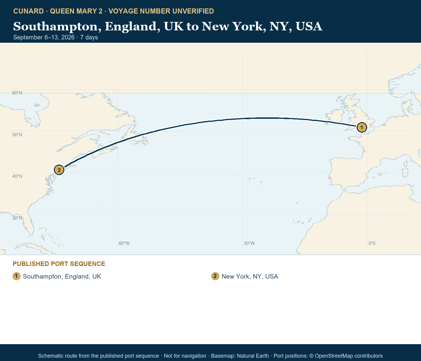 Queen Mary 2 voyage number unverified itinerary route map for Southampton, England, UK to New York, NY, USA
