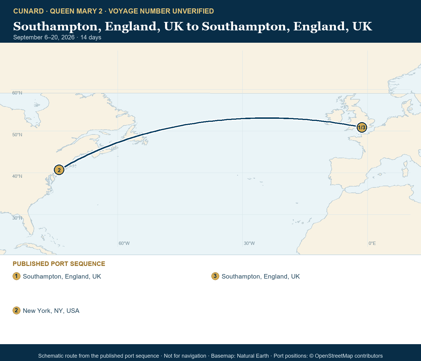 Queen Mary 2 voyage number unverified itinerary route map for Southampton, England, UK to Southampton, England, UK