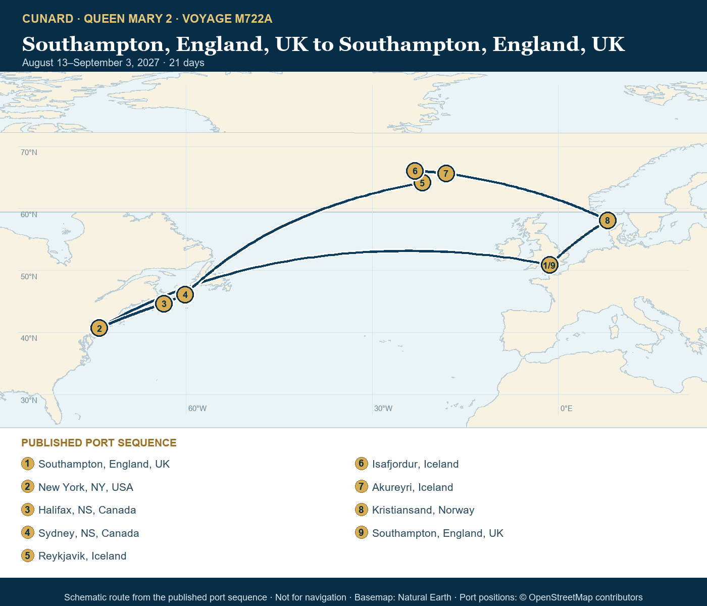 Queen Mary 2 Voyage M722A itinerary route map for Southampton, England, UK to Southampton, England, UK