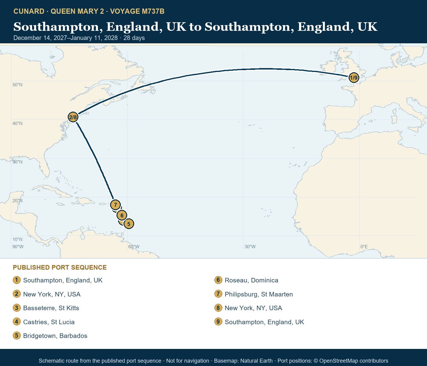 Queen Mary 2 Voyage M737B itinerary route map for Southampton, England, UK to Southampton, England, UK