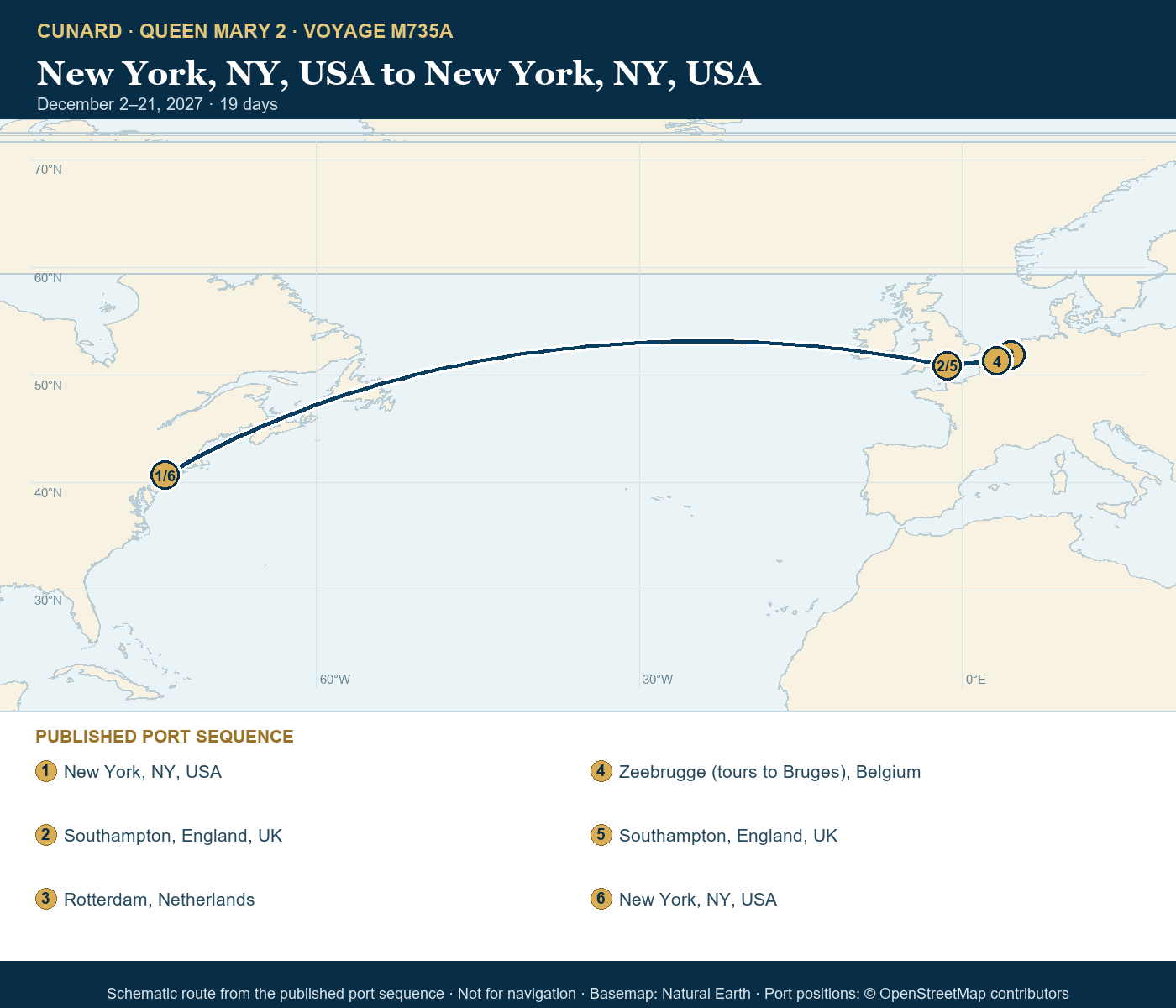 Queen Mary 2 Voyage M735A itinerary route map for New York, NY, USA to New York, NY, USA