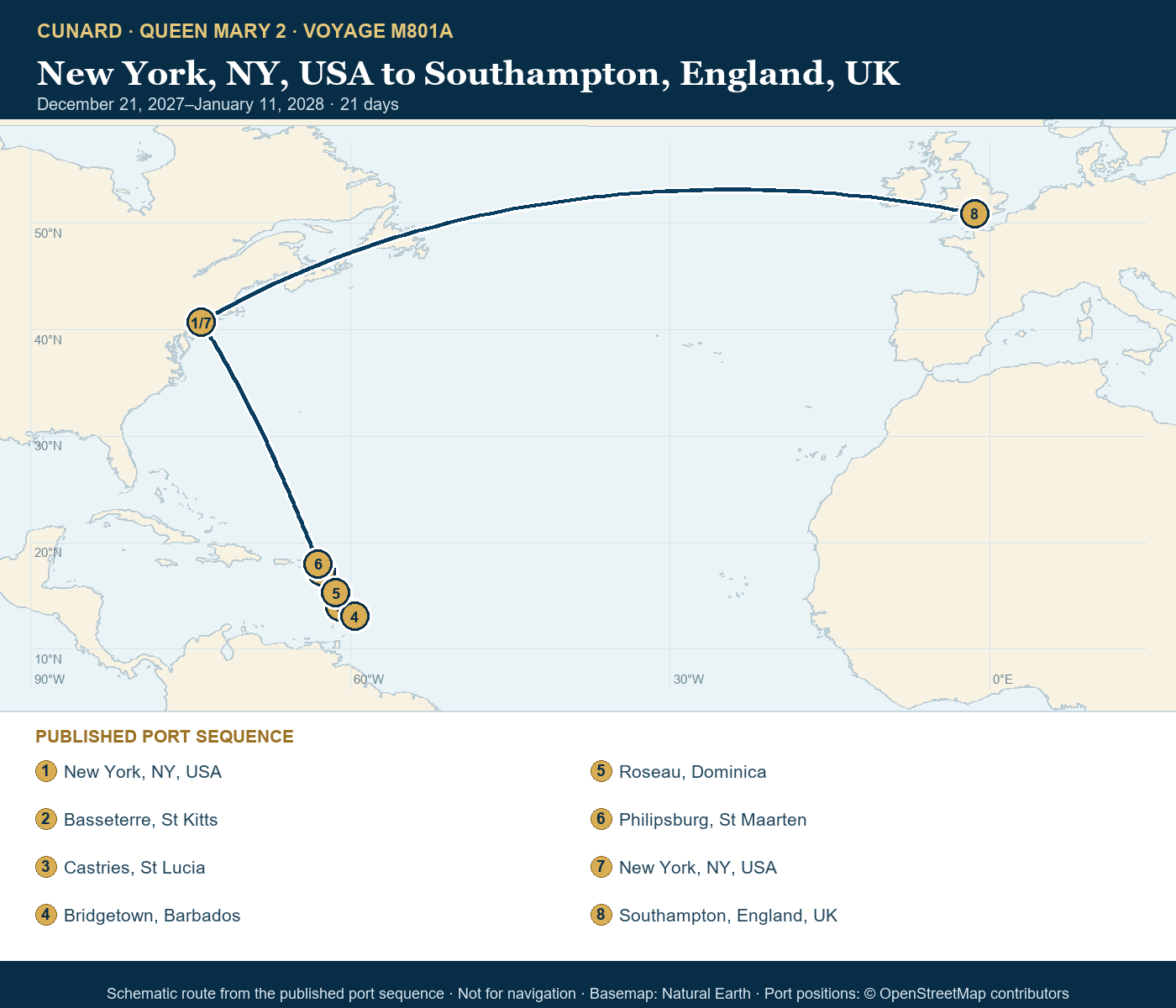 Queen Mary 2 Voyage M801A itinerary route map for New York, NY, USA to Southampton, England, UK