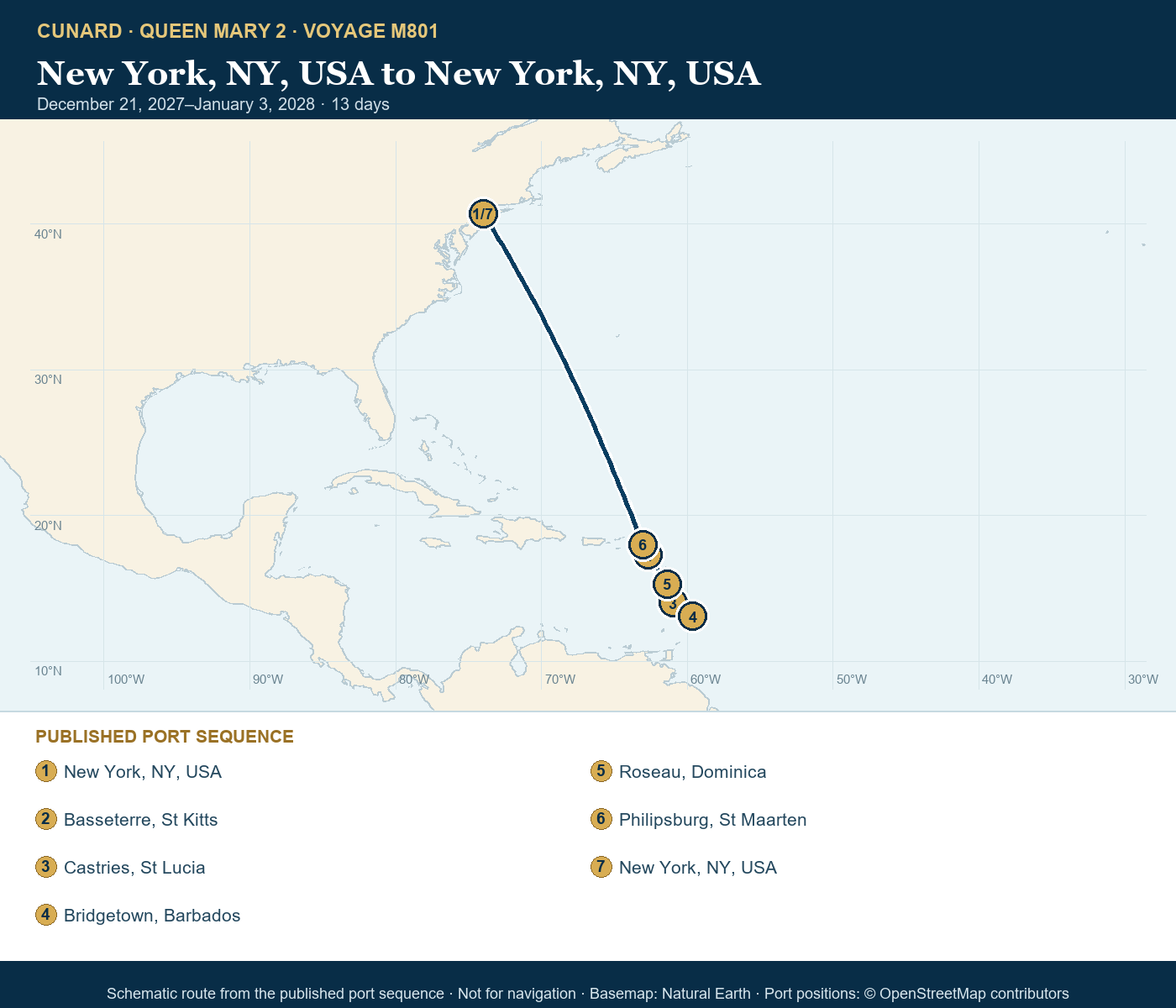 Queen Mary 2 Voyage M801 itinerary route map for New York, NY, USA to New York, NY, USA