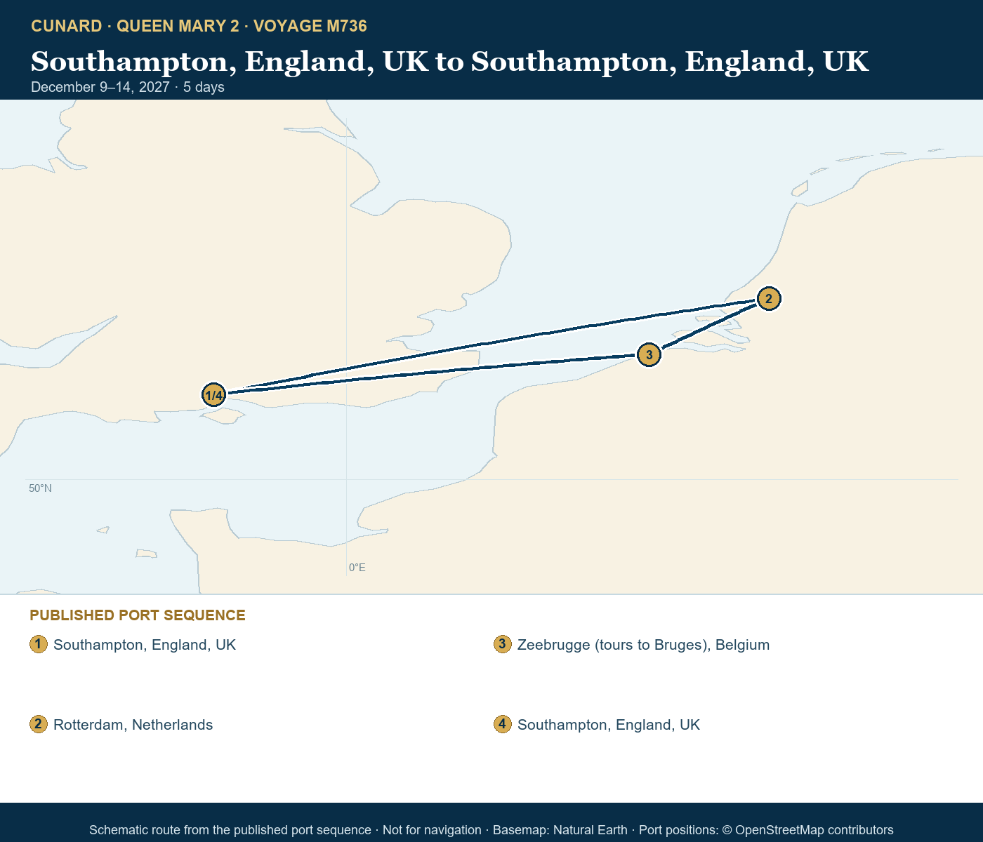 Queen Mary 2 Voyage M736 itinerary route map for Southampton, England, UK to Southampton, England, UK